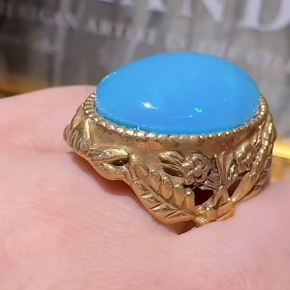 Antique Blue Opal Gemstone Brass Ring Museum-Quality Treasure - Picture 4 of 6